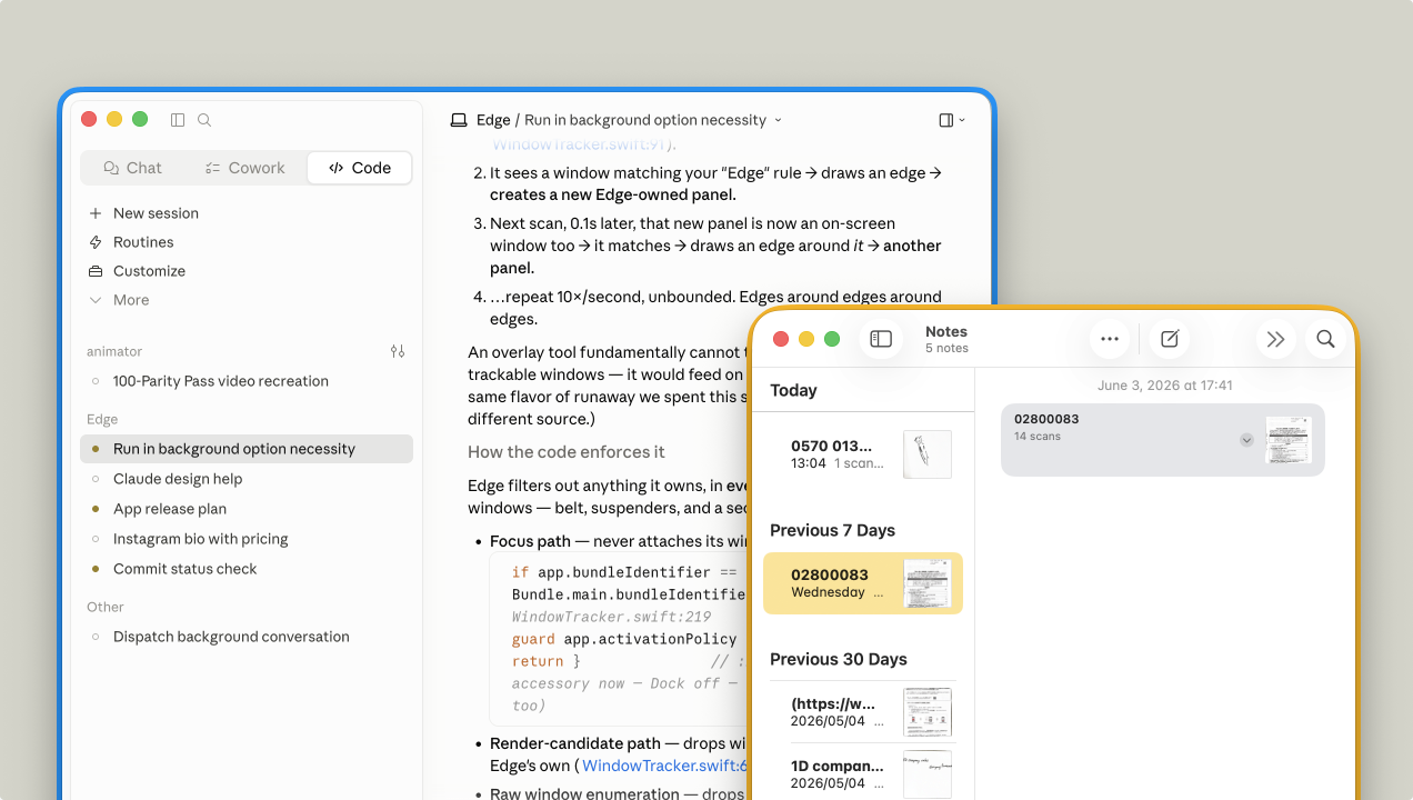 Two Mac windows with blue and orange Edge frames overlapping on a desktop